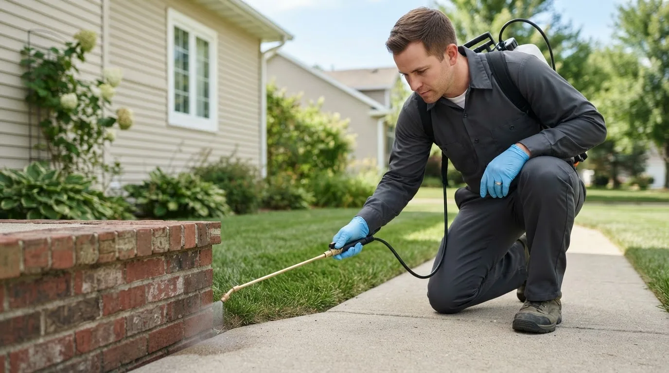 Pest control technician treating a home near Joliet, IL